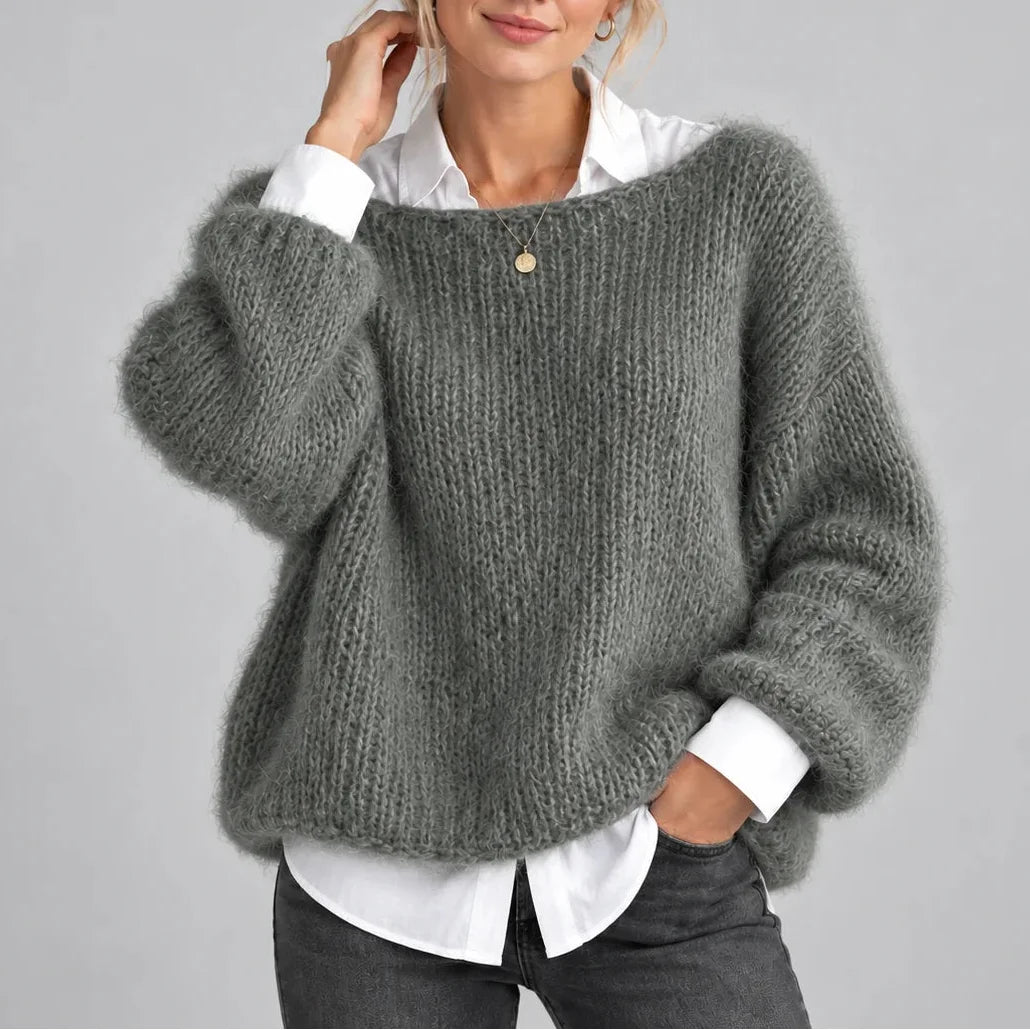 Women’s oversized winter chunky knit jumper with balloon sleeves in Gray