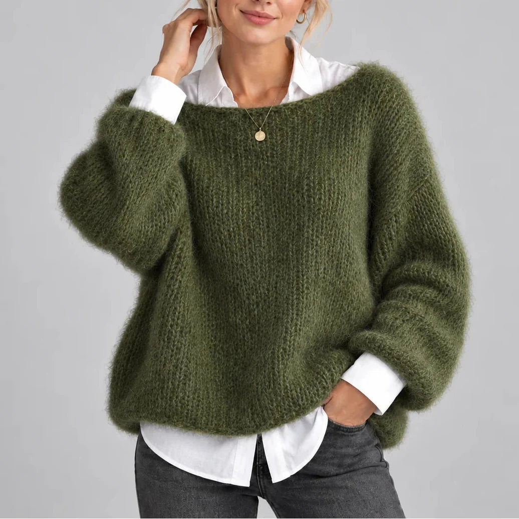 Women’s oversized winter chunky knit jumper with balloon sleeves in Green