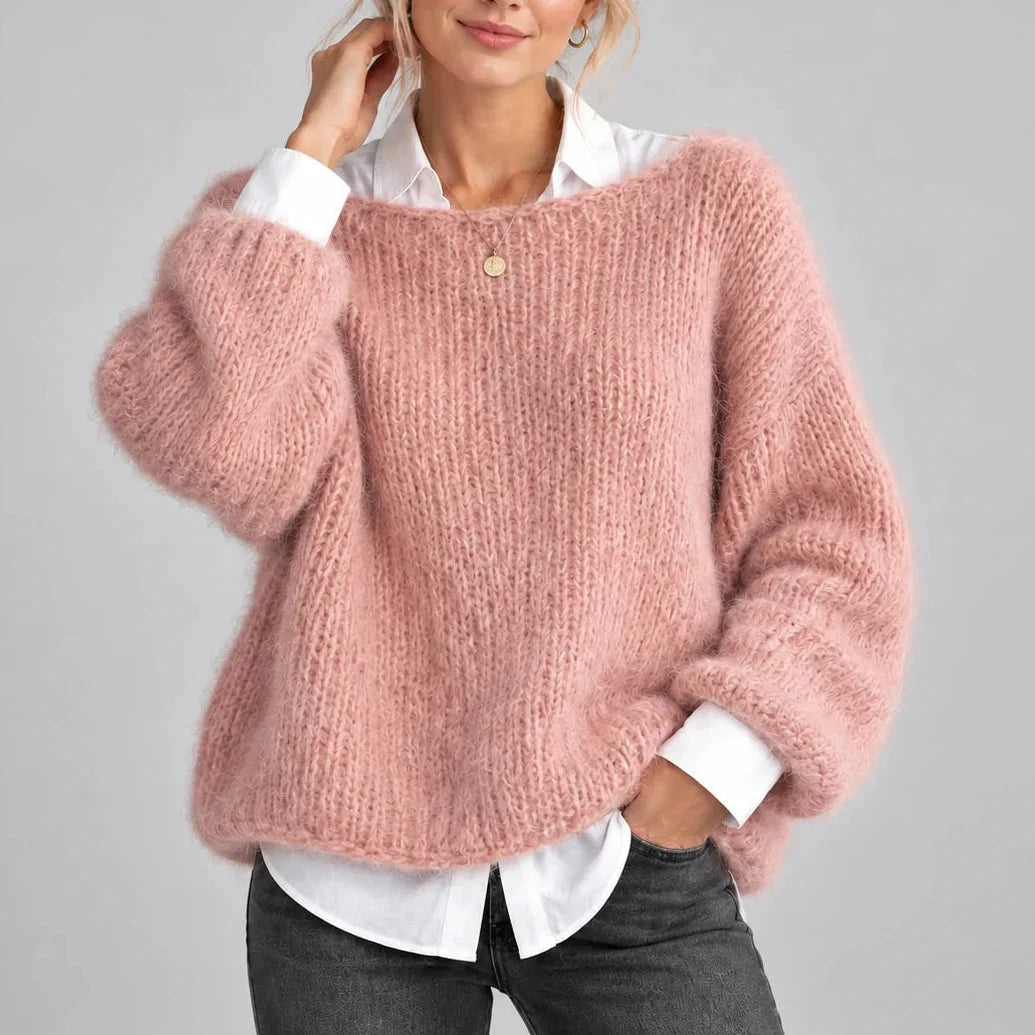 Women’s oversized winter chunky knit jumper with balloon sleeves in Pink