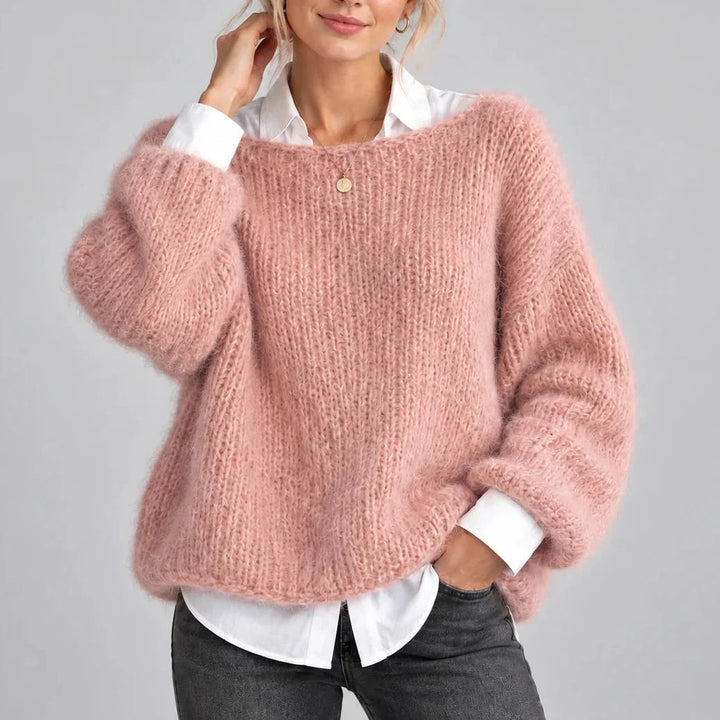 Women’s oversized winter chunky knit jumper with balloon sleeves in Pink