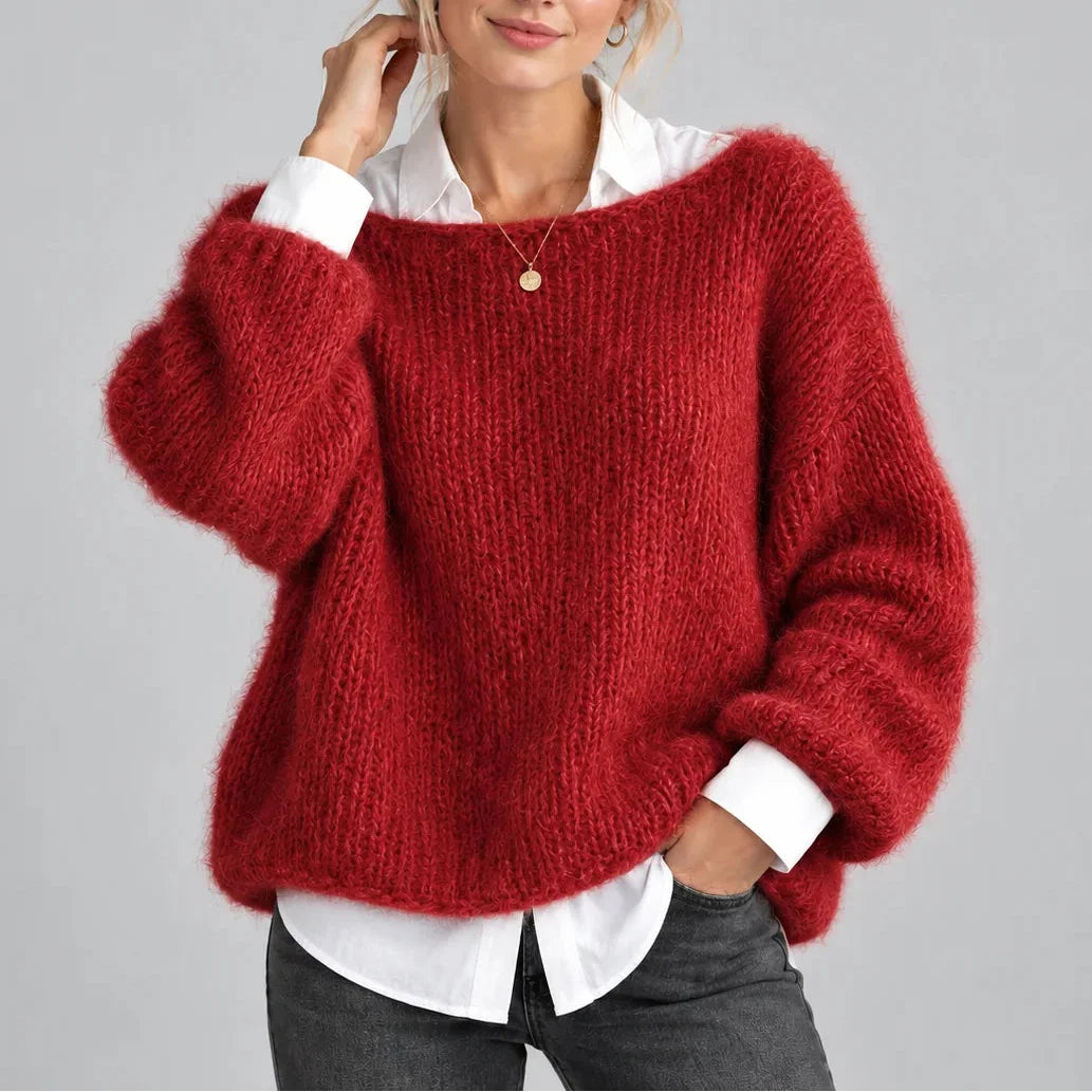 Women’s oversized winter chunky knit jumper with balloon sleeves in Red