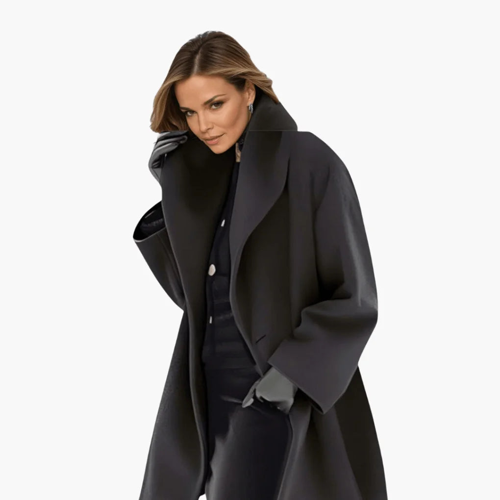 Women's oversized winter long coat with wide collar, concealed front in Black