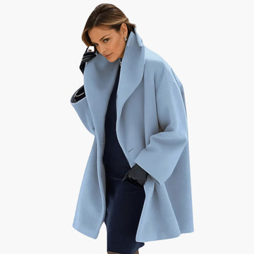 Women's oversized winter long coat with wide collar, concealed front in Blue