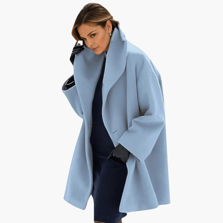 Women's oversized winter long coat with wide collar, concealed front in Blue