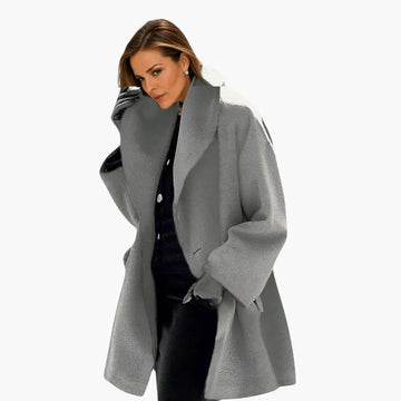 Women's oversized winter long coat with wide collar, concealed front in Grey