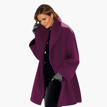 Women's oversized winter long coat with wide collar, concealed front in Purple