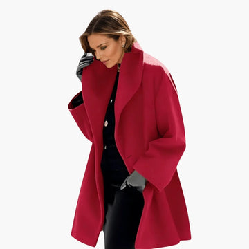 Women's oversized winter long coat with wide collar, concealed front in Red