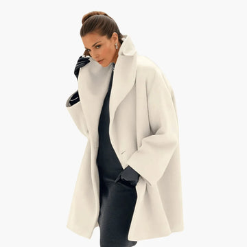 Women's oversized winter long coat with wide collar, concealed front in White