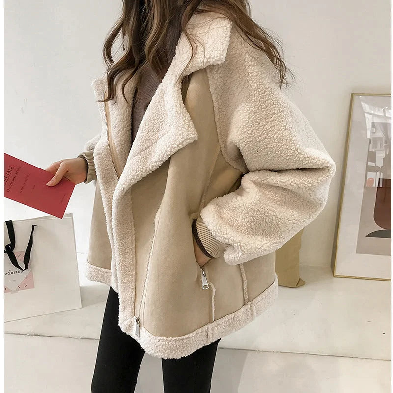 Women's oversized colour block winter teddy jacket with high collar in Beige