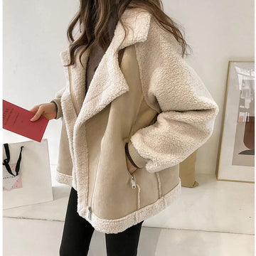 Women's oversized colour block winter teddy jacket with high collar in Beige