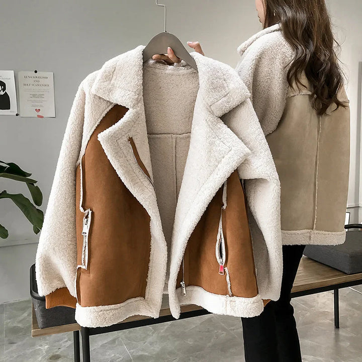 Women's oversized colour block winter teddy jacket with high collar in Brown