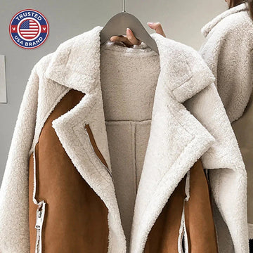 Women's oversized colour block winter teddy jacket with high collar