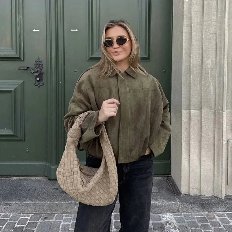 Women's Oversized Cropped Bomber Jacket - Green