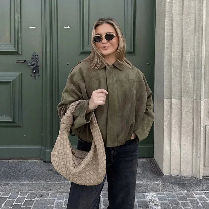 Women's Oversized Cropped Bomber Jacket - Green