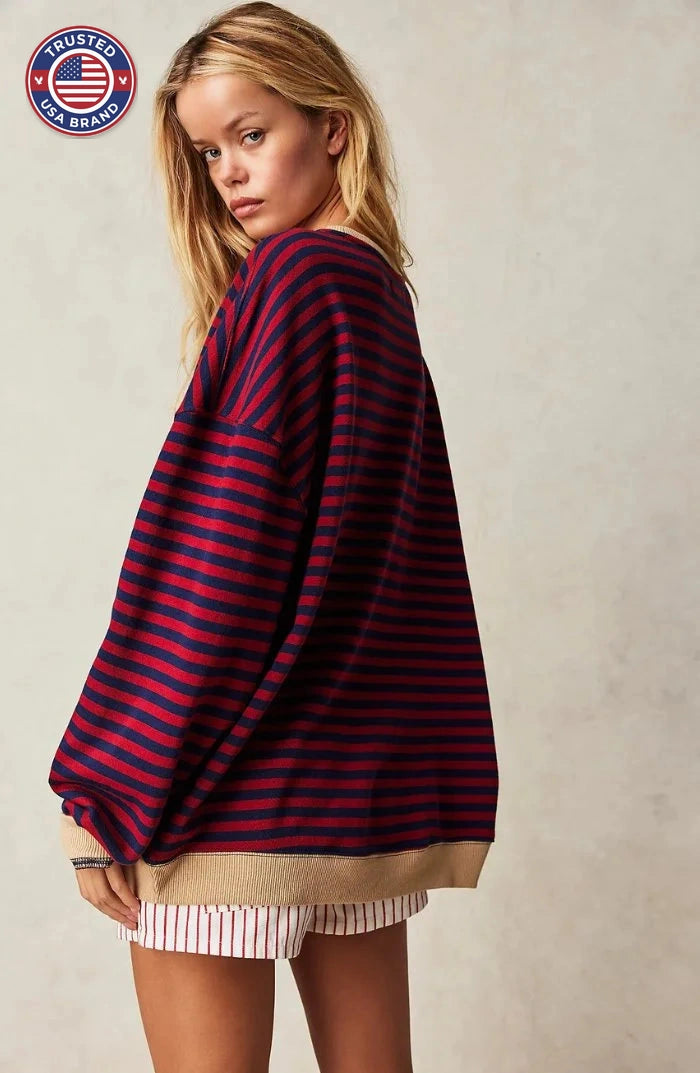Women's Oversized Drop-Shoulder Striped Contrast-Trim Sweatshirt - Green & Pink