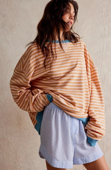 Women's Oversized Drop-Shoulder Striped Contrast-Trim Sweatshirt - Green & Pink