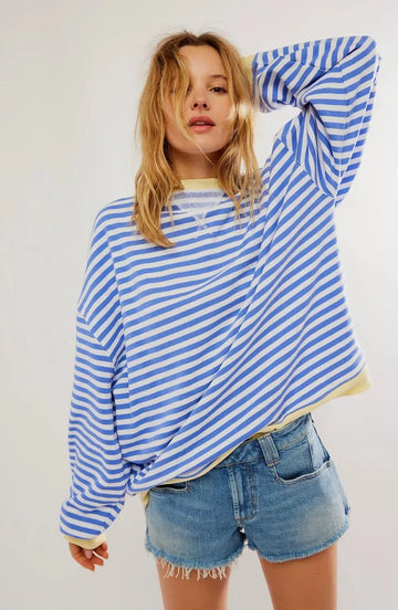 Women's Oversized Drop-Shoulder Striped Contrast-Trim Sweatshirt - Green & Pink