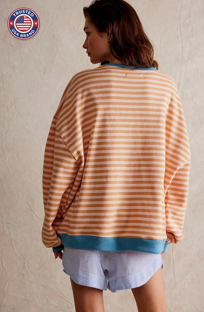 Women's Oversized Drop-Shoulder Striped Contrast-Trim Sweatshirt - Green & Pink