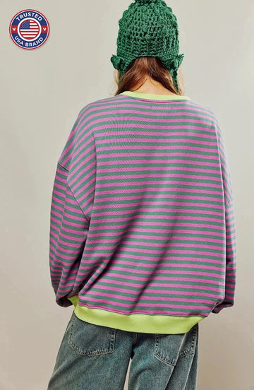 Women's Oversized Drop-Shoulder Striped Contrast-Trim Sweatshirt - Green & Pink