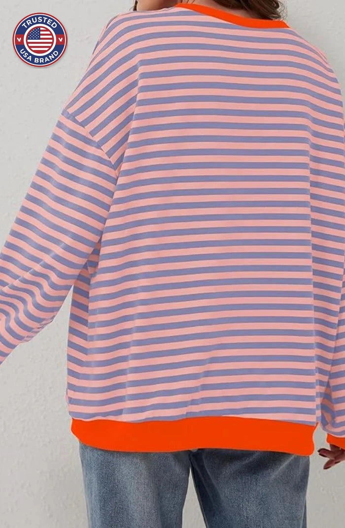 Women's Oversized Drop-Shoulder Striped Contrast-Trim Sweatshirt - Green & Pink