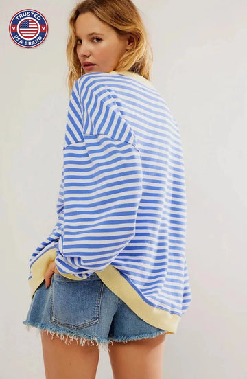 Women's Oversized Drop-Shoulder Striped Contrast-Trim Sweatshirt - Green & Pink