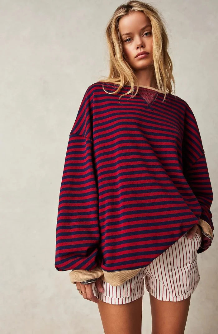 Women's Oversized Drop-Shoulder Striped Contrast-Trim Sweatshirt - Green & Pink