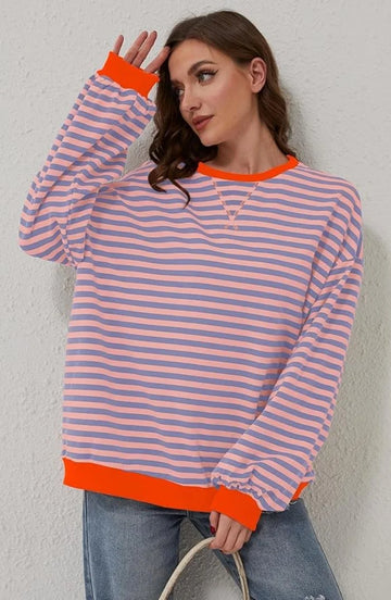 Women's Oversized Drop-Shoulder Striped Contrast-Trim Sweatshirt - Green & Pink
