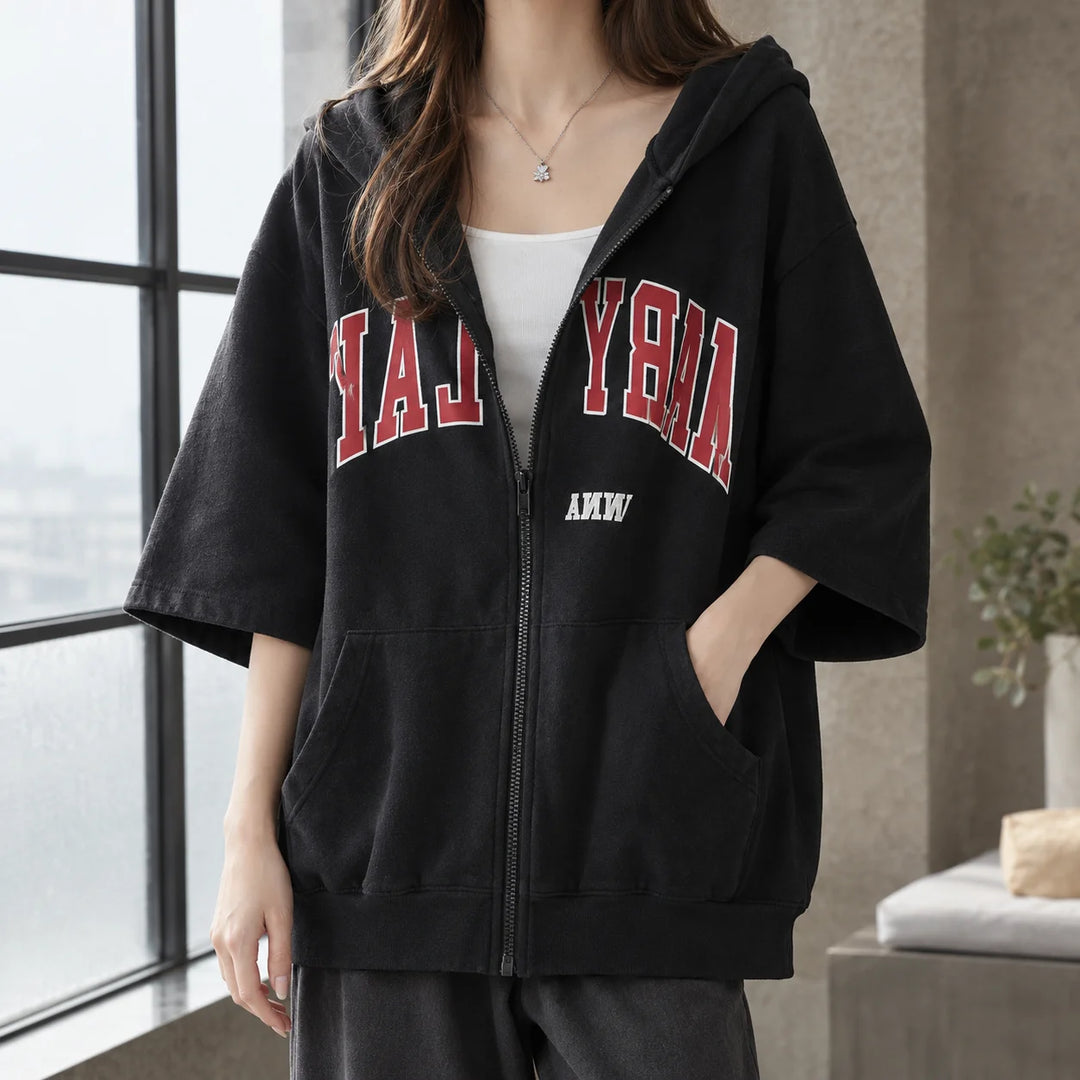 Women's oversized elbow-sleeve zip-up winter hoodie with letter print in Black