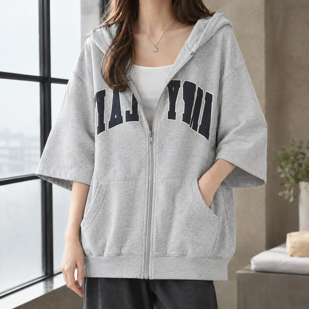 Women's oversized elbow-sleeve zip-up winter hoodie with letter print in Grey