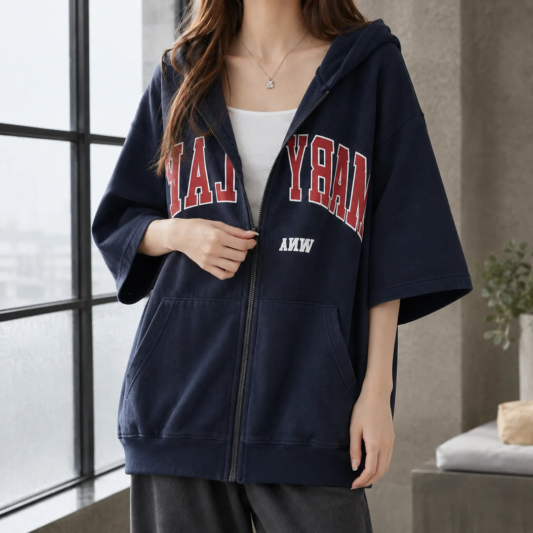 Women's oversized elbow-sleeve zip-up winter hoodie with letter print in Navy