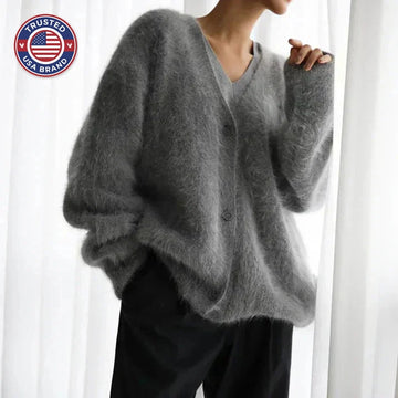 Women's oversized fuzzy V-neck winter cardigan with button front