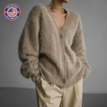 Women's oversized fuzzy V-neck winter cardigan with button front