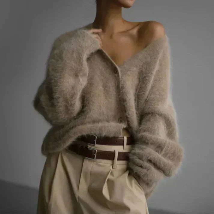 Women's oversized fuzzy V-neck winter cardigan with button front in Beige