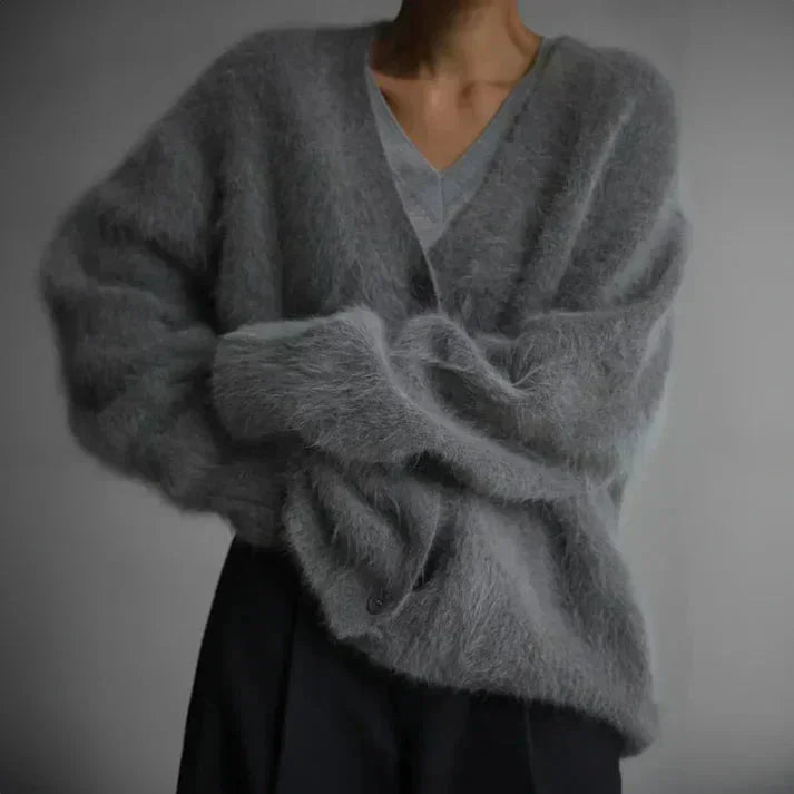 Women's oversized fuzzy V-neck winter cardigan with button front in Dark Grey