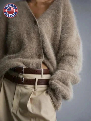 Women's oversized fuzzy V-neck winter cardigan with button front