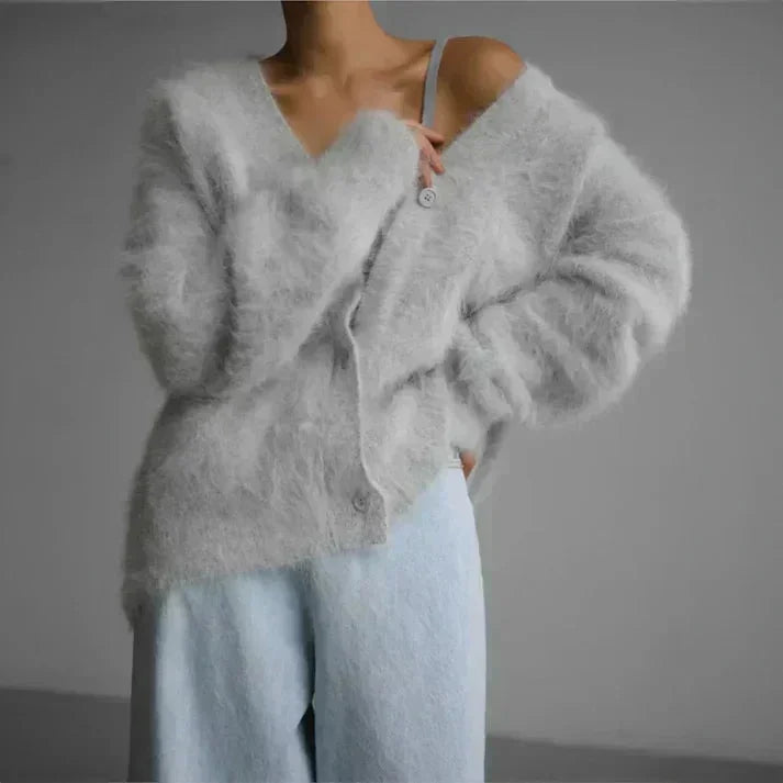 Women's oversized fuzzy V-neck winter cardigan with button front in Light Grey