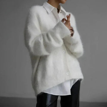 Women's oversized fuzzy V-neck winter cardigan with button front in White