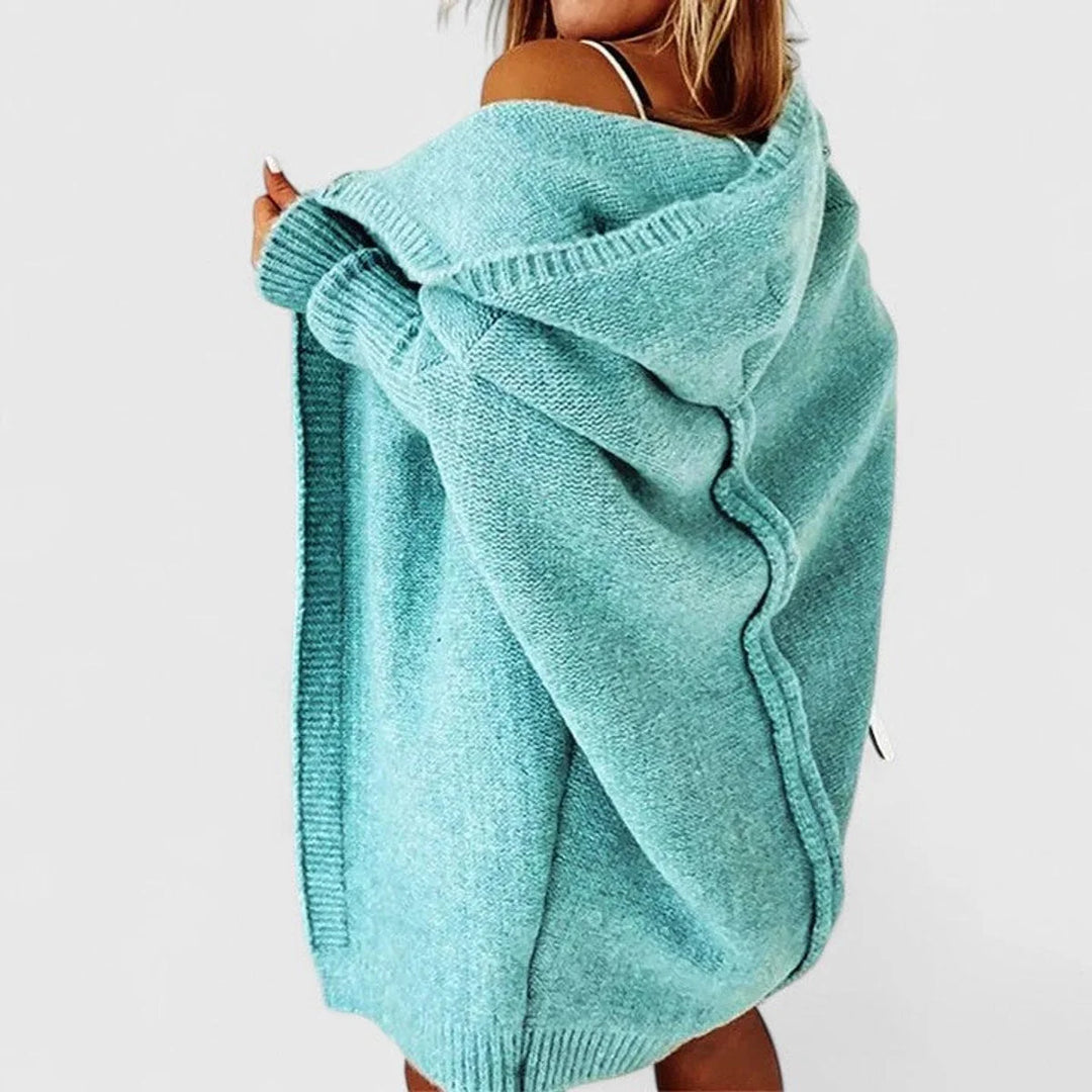Women's oversized hooded open-front knee-length winter cardigan sweater in Blue