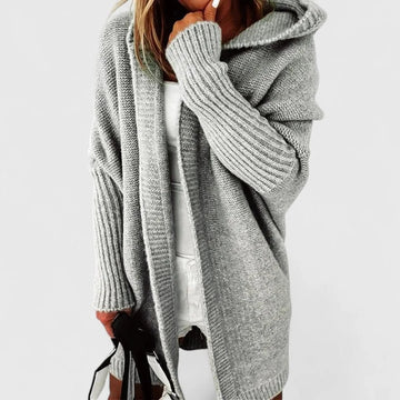 Women's oversized hooded open-front knee-length winter cardigan sweater in Gray