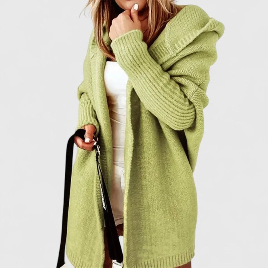 Women's oversized hooded open-front knee-length winter cardigan sweater in Green