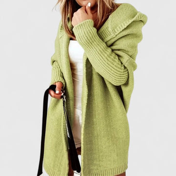 Women's oversized hooded open-front knee-length winter cardigan sweater in Green