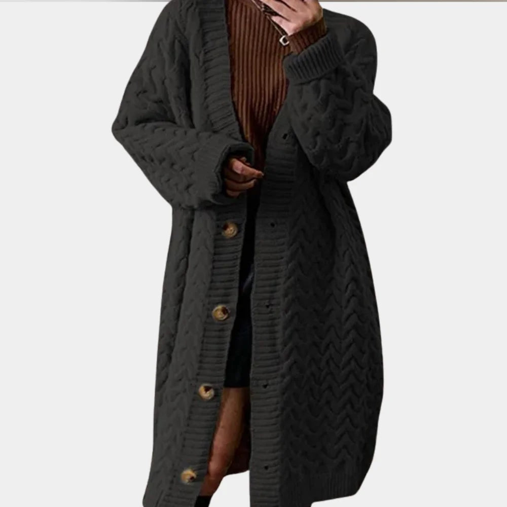 Women's button-front oversized long knit winter cardigan sweater in Black