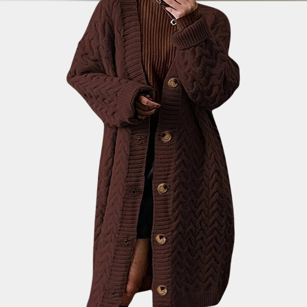 Women's button-front oversized long knit winter cardigan sweater in Brown