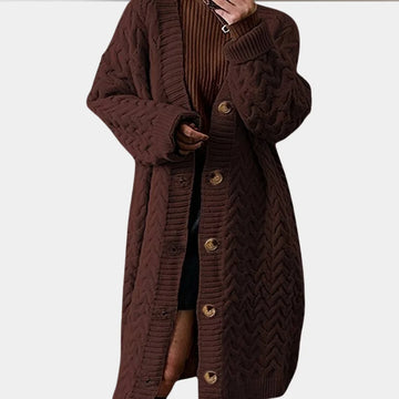 Women's button-front oversized long knit winter cardigan sweater in Brown