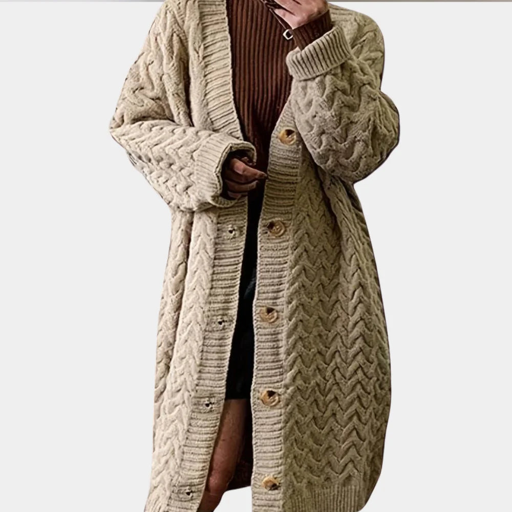 Women's button-front oversized long knit winter cardigan sweater in Khaki