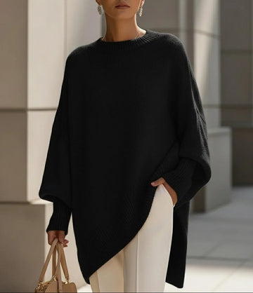 Women's oversized ribbed hem winter poncho jumper in Black