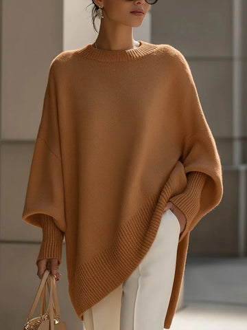 Women's oversized ribbed hem winter poncho jumper in Caramel