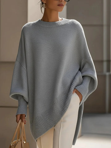 Women's oversized ribbed hem winter poncho jumper in Grey