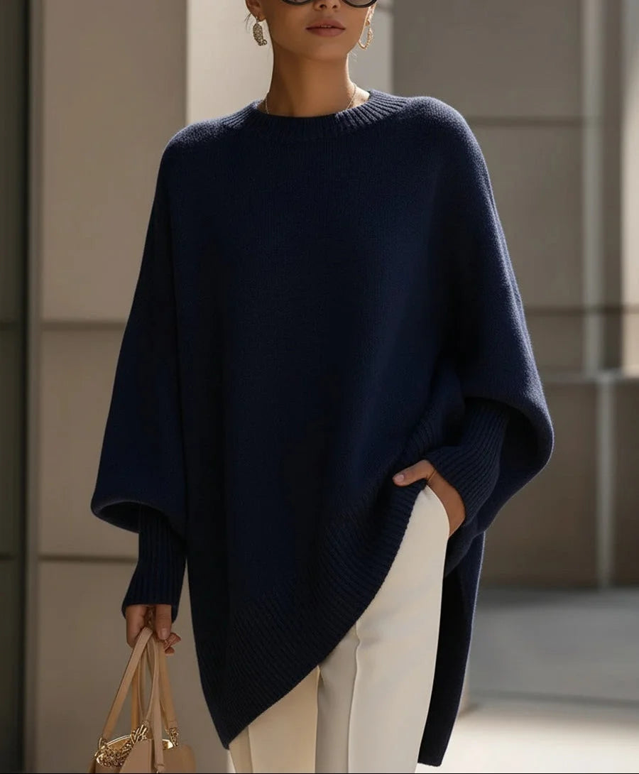 Women's oversized ribbed hem winter poncho jumper in Navy Blue