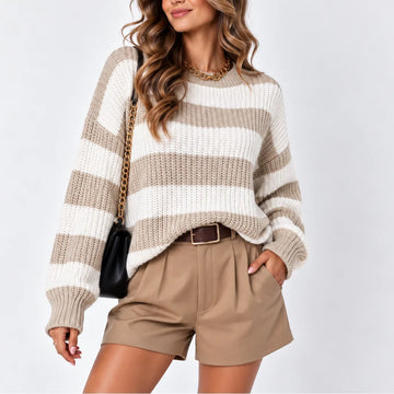 Women's oversized striped knit winter sweater with round neck in Beige